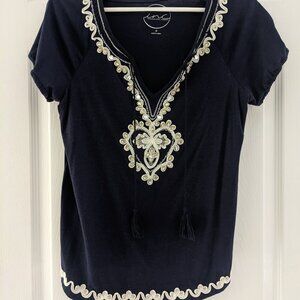 Navy Blue Short Sleeve Shirt V-neck with Rhinestone Embellishment